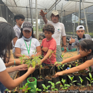 children with USFQ staff member potting seedings in a nursery