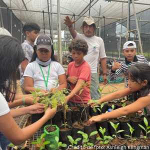 Niños con personal de la USFQ plantando semillas en un vivero